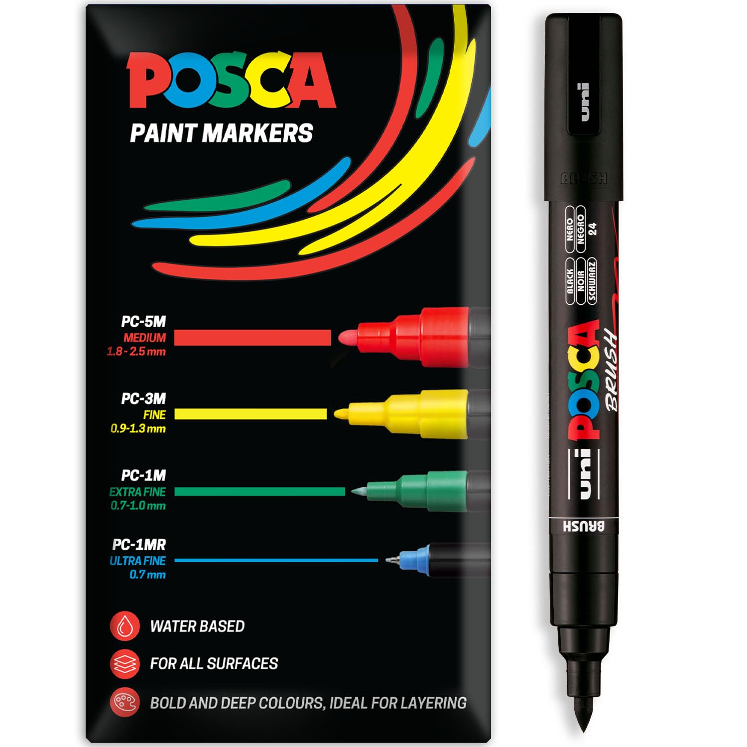 Posca Water Based Acrylic Paint Marker Pens | Multi Surface Use Permanent Paint Pen | Pack of 1 in Envelope Gift Packaging | Glass, Fabric, Wood etc | Brush Nib PC-5BR, Black