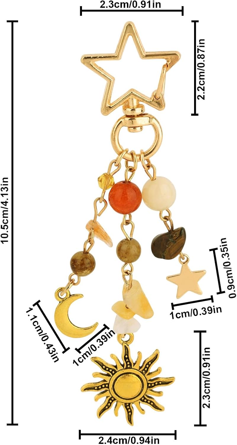 Sun Moon Star Keychain, Gravel & Beads Y2K Aesthetic Keychain Boho Bag Charms Cute Purse Handbags Backpack Accessories (Gold) - Image 2