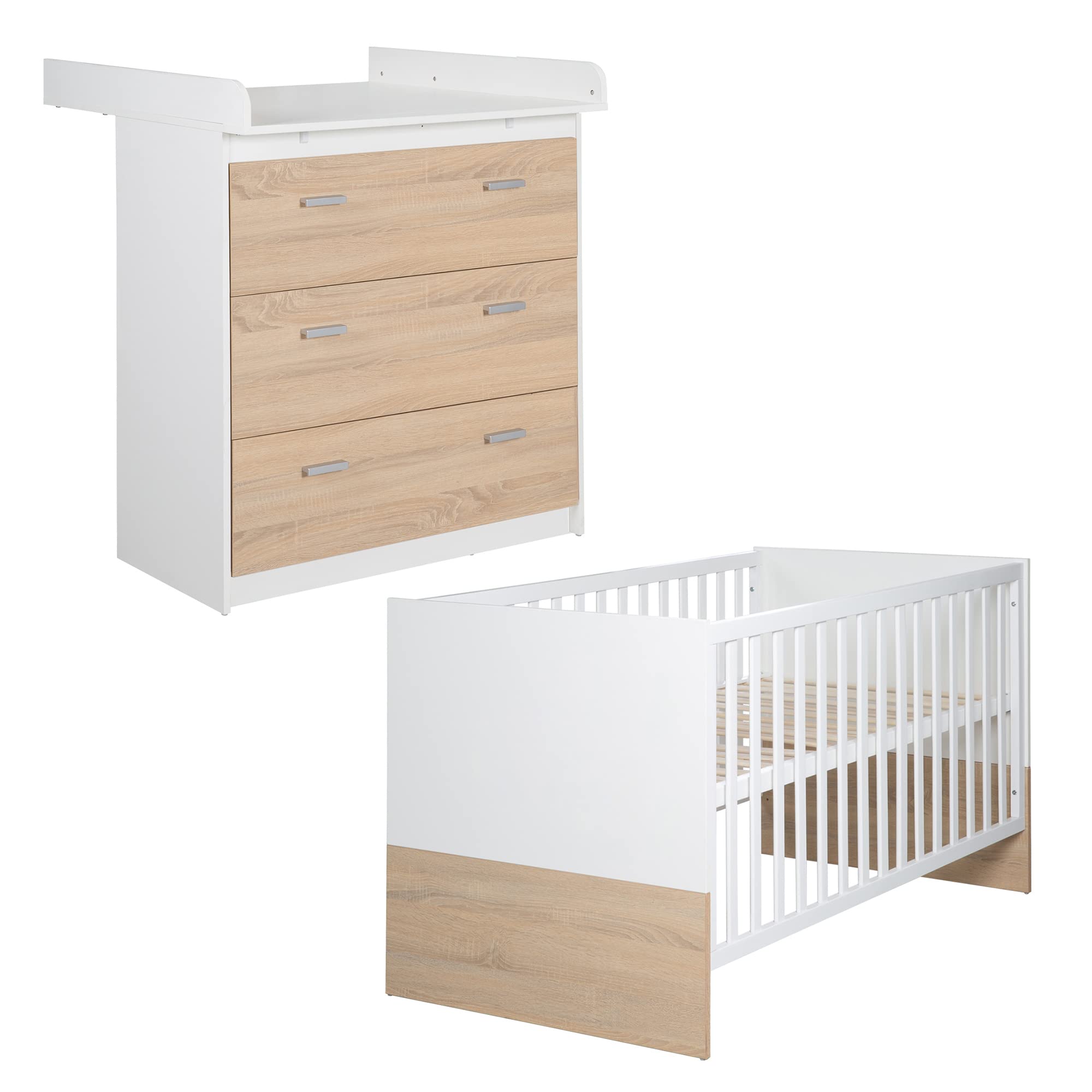 roba Babyzimmer-Komplettset Gabriella – Gitterbett und Wickelkommode, Korpus & Fronten in Eiche/Weiß