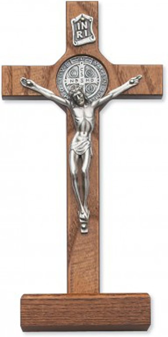 Religious Gifts Walnut Stained St. Benedict Crucifix Wall Decor Christian Catholic Cross, 8 - Inch