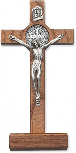 Regalos religiosos con crucifijo de San Benito manchado de nogal, decoración de pared de cruz católica cristiana, 8 pulgadas