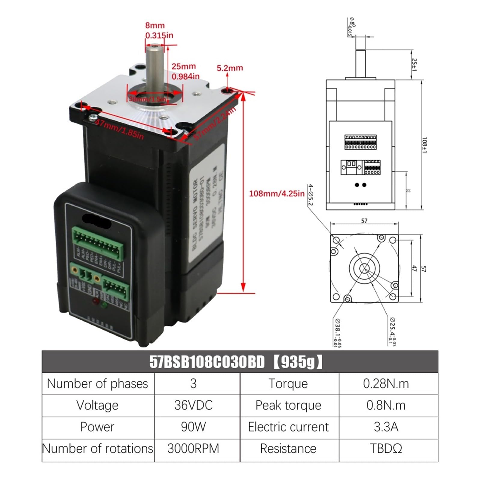 Silnik Wrzeciona, Serwomotor o dużej prędkości 3000 obr./min, kołnierz 57 mm, 90 W, 140 W, 180 W, zintegrowany napęd serwosilnika Silniki DC36V Nema 23 0,28 Nm 0,45 Nm 0,57 Nm(90w 3000rpm)
