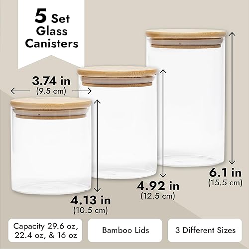Miniatura 3 de Juvale Paquete de 5 recipientes de vidrio con tapas de bambú, 3 tamaños para almacenamiento en despensa