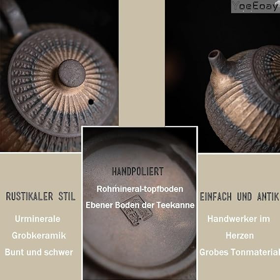 Handmade Traditional Chinese Clay Tea Set with Teapot (350ml) 4 Tea Cups (50ml) and Reservoir Style Serving Tray