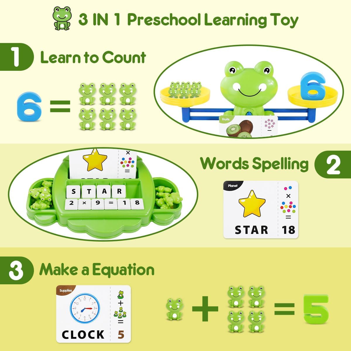 3 in 1 Frog Balance Scale Games, Preschool Learning Activities, Math and Alphabet Learning Toddler Games, Math Manipulatives for Classroom, Montessori Educational Toys for 4 5 6 7 8 Year Old