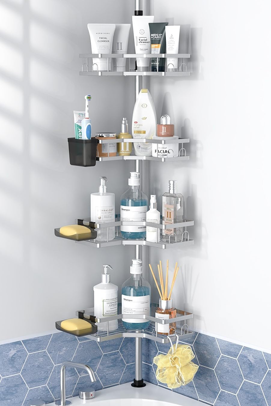 Corner Shower Caddy Tension Pole: 4tier adjustable Rustproof Bathroom Organizer Shelves - Bathtub shampoo rack 43.5-120 inch Silver