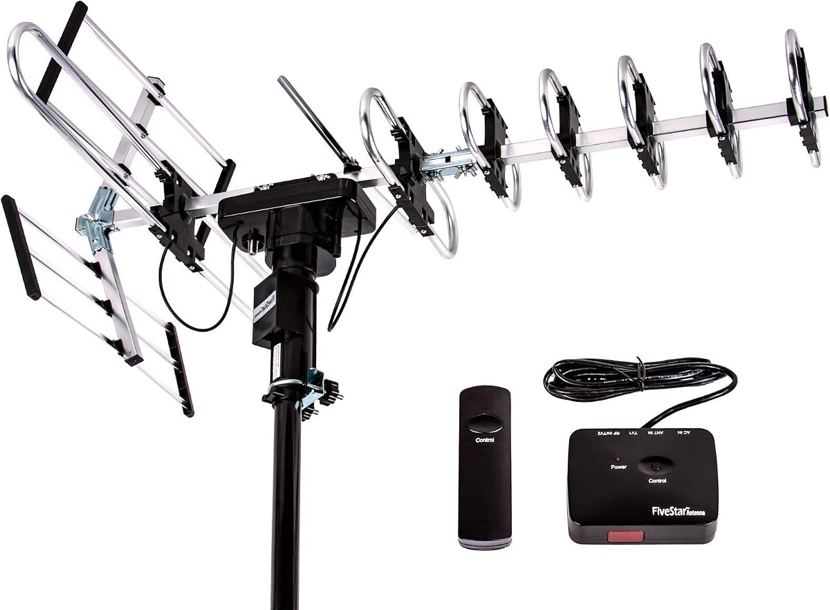 Five Star Outdoor Digital Amplified HDTV Antenna - up to 200 Mile Long Range, Directional 360 Degree Rotation by Remote Control, Intelligent Gain for HD 4K 1080P FM Support 2 TVs