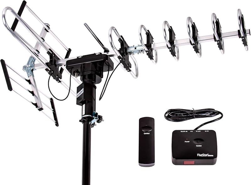 Five Star Outdoor Digital Amplified HDTV Antenna - up to 200 Mile Long Range, Directional 360 Degree Rotation by Remote Control, Intelligent Gain for HD 4K 1080P FM Support 2 TVs