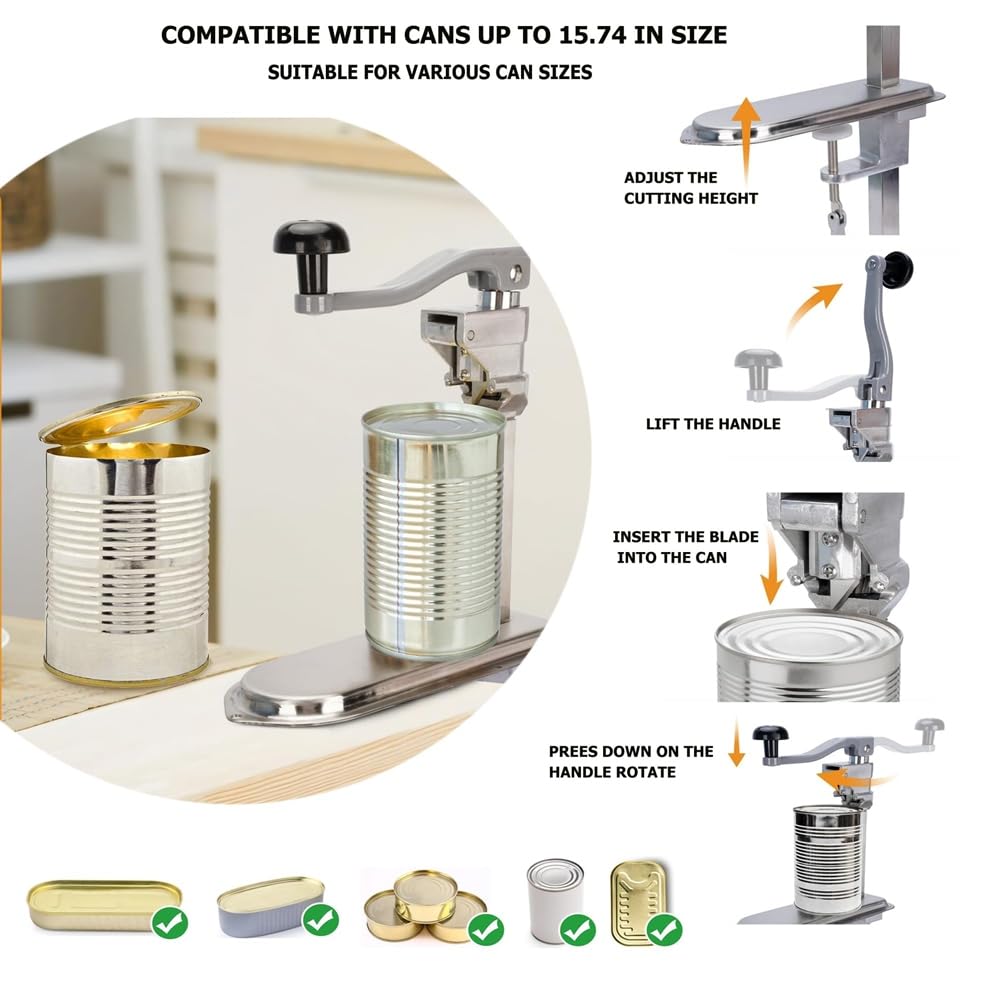 Abrelatas Manual Industrial de Alta Resistencia, 24,6", para Latas Grandes de hasta 17,9" - Diseño de Sobremesa