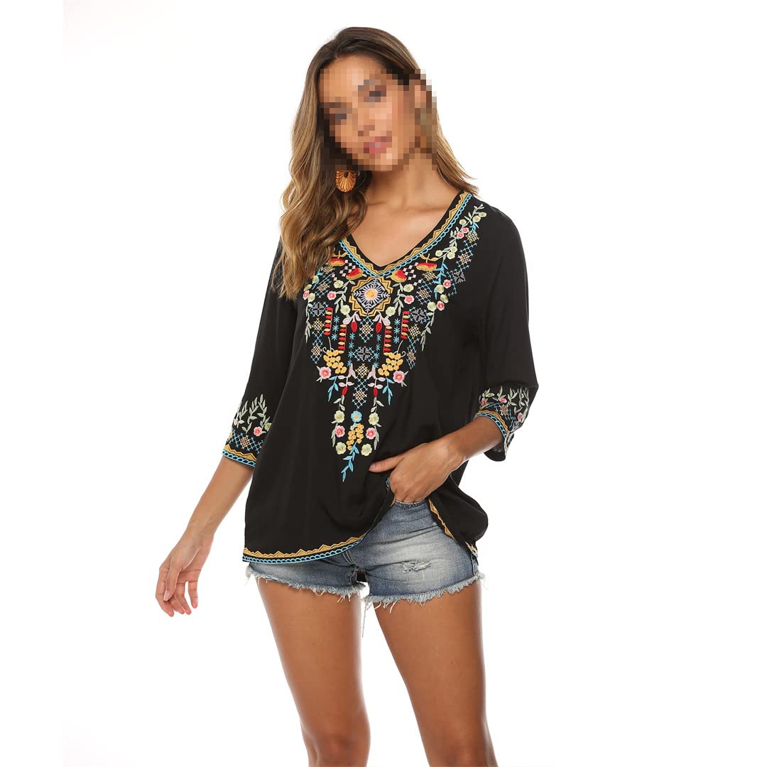 Generic Camicetta da Donna con Scollo a V Manica a 3/4 Camicetta con Ricamo Tunica Camicie Casual Larghe da Contadino Boemo