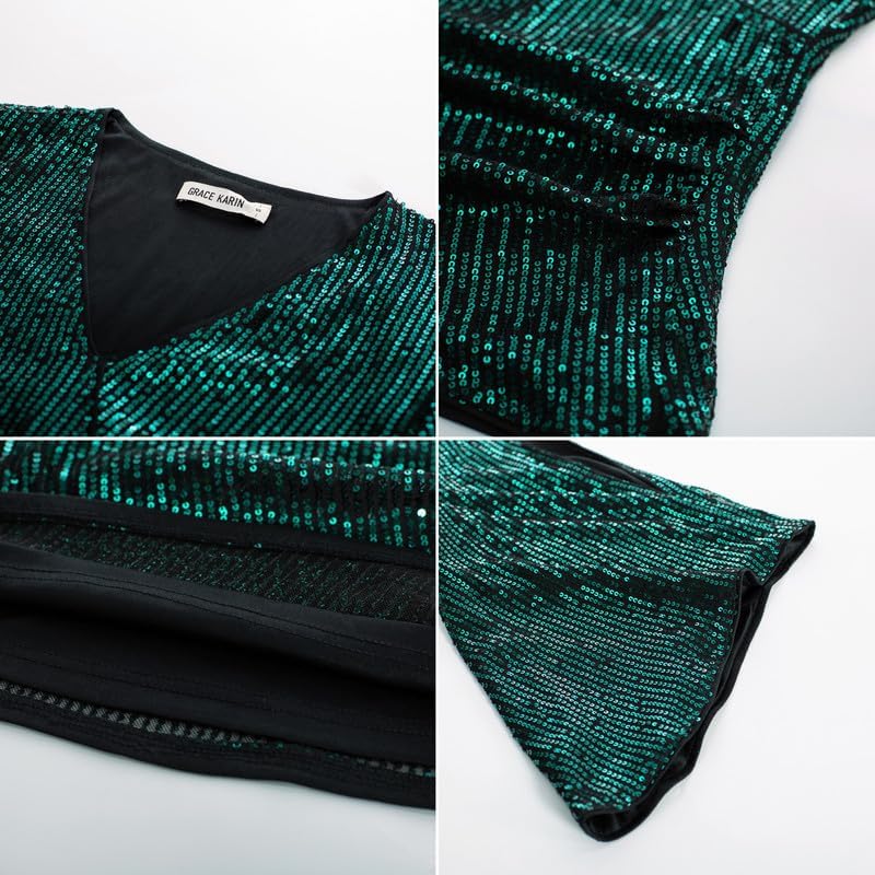 GRACE KARIN Womens Sparkly Sequin Tops,3/4 Sleeve Glitter Party Dressy Blouse,V-Neck Disco Evening Club Concert Shirt - Image 6