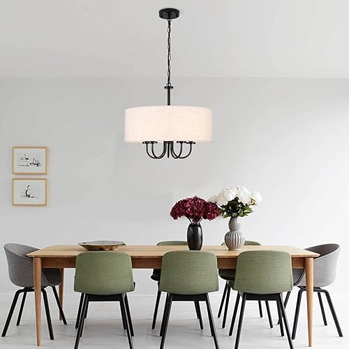 Miniatura 8 de Candelabro de tambor de 5 luces de 19 pulgadas para comedor, moderno, negro, estilo granja, lámpara de lino blanco, lámpara colgante para sala