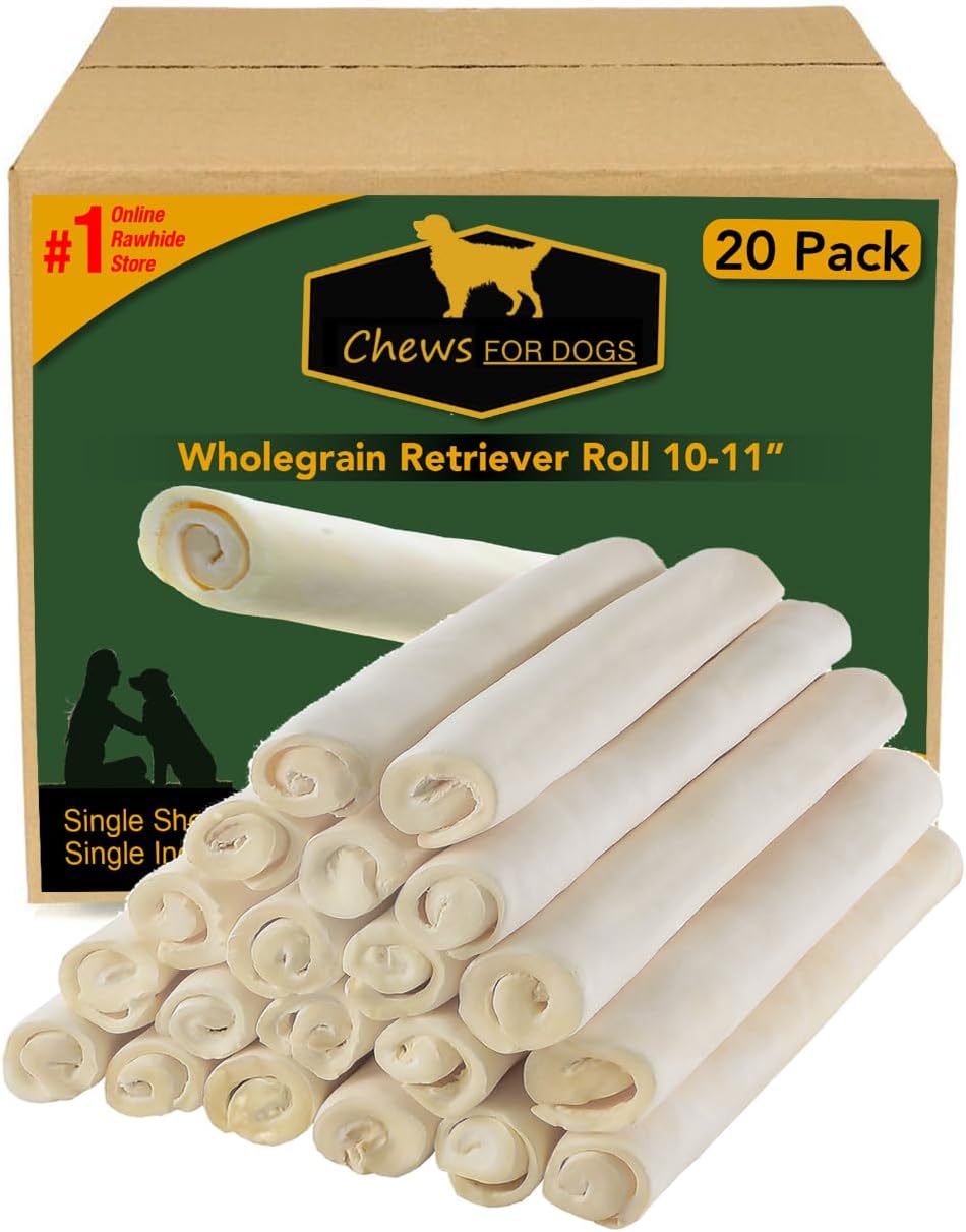 Premium Beefhide. Retriever Rolls 10-11" (20 Pack) Long Lastig Large Dog Treats for Aggressive Chewers.