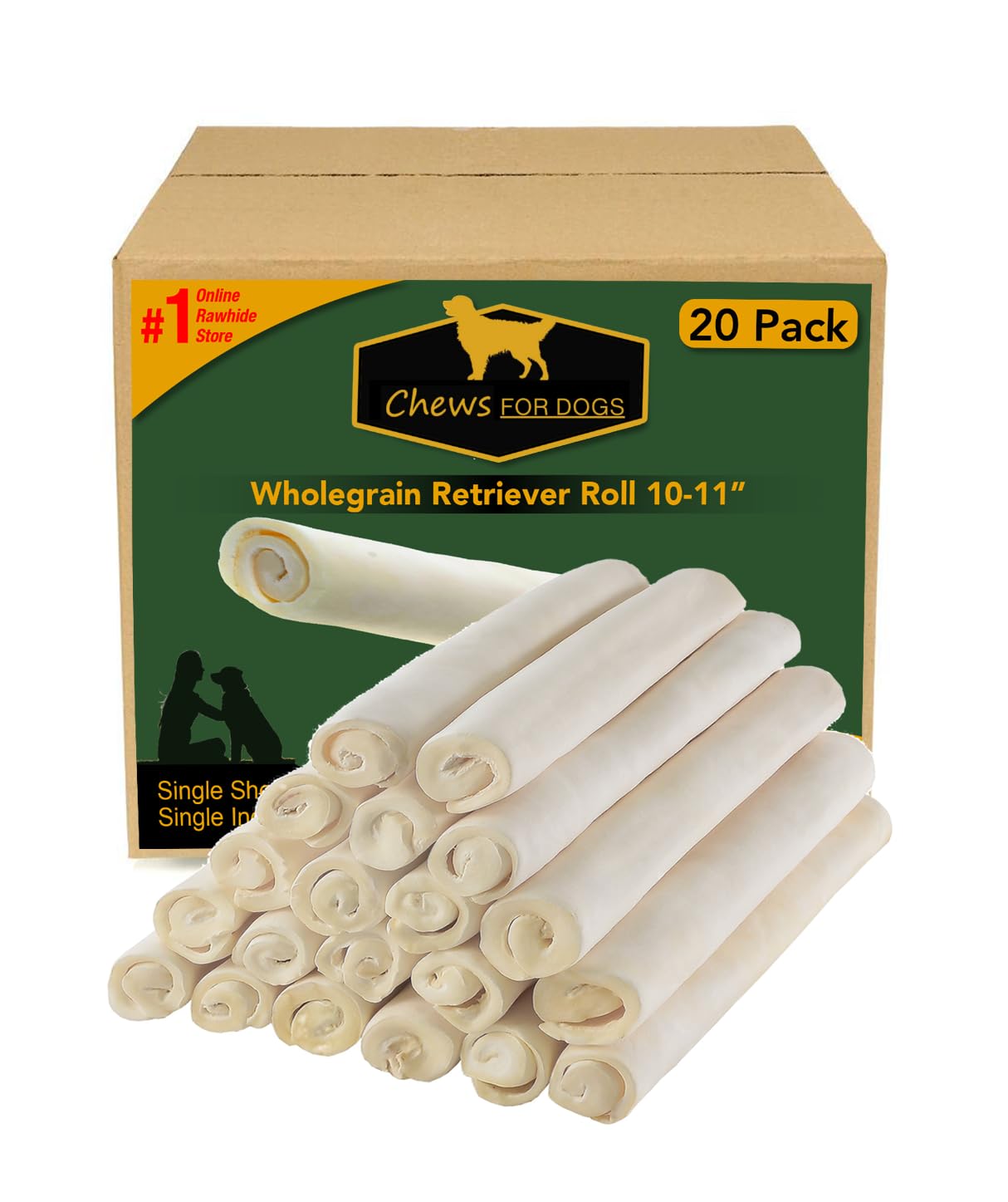 Premium Beefhide. Retriever Rolls 10-11" (20 Pack) Long Lastig Large Dog Treats for Aggressive Chewers.