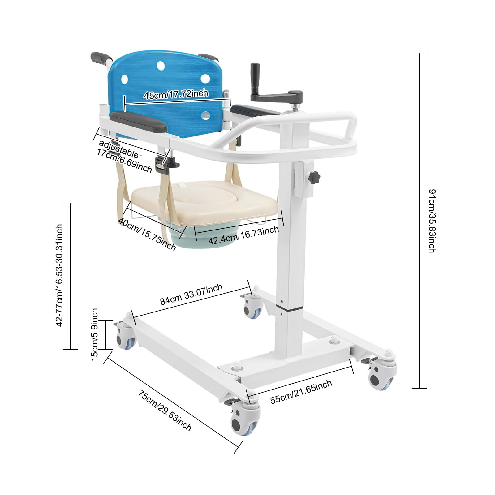 Silla de traslado para pacientes, capacidad de carga de 120 kg, altura ajustable, independiente, con ruedas, silla de transporte, silla de aseo para personas mayores, discapacitados, para cuidados