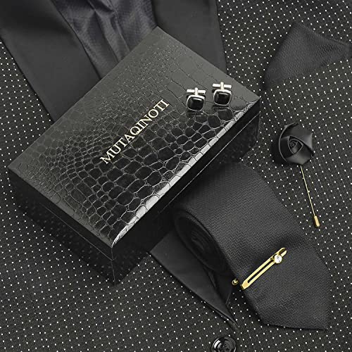 Image of MUTAQINOTI Mens Woven Premium Silk Necktie Suit Accessories Set With Pocket Square Cufflinks Brooch Golden Tie Pin (TEGP2)