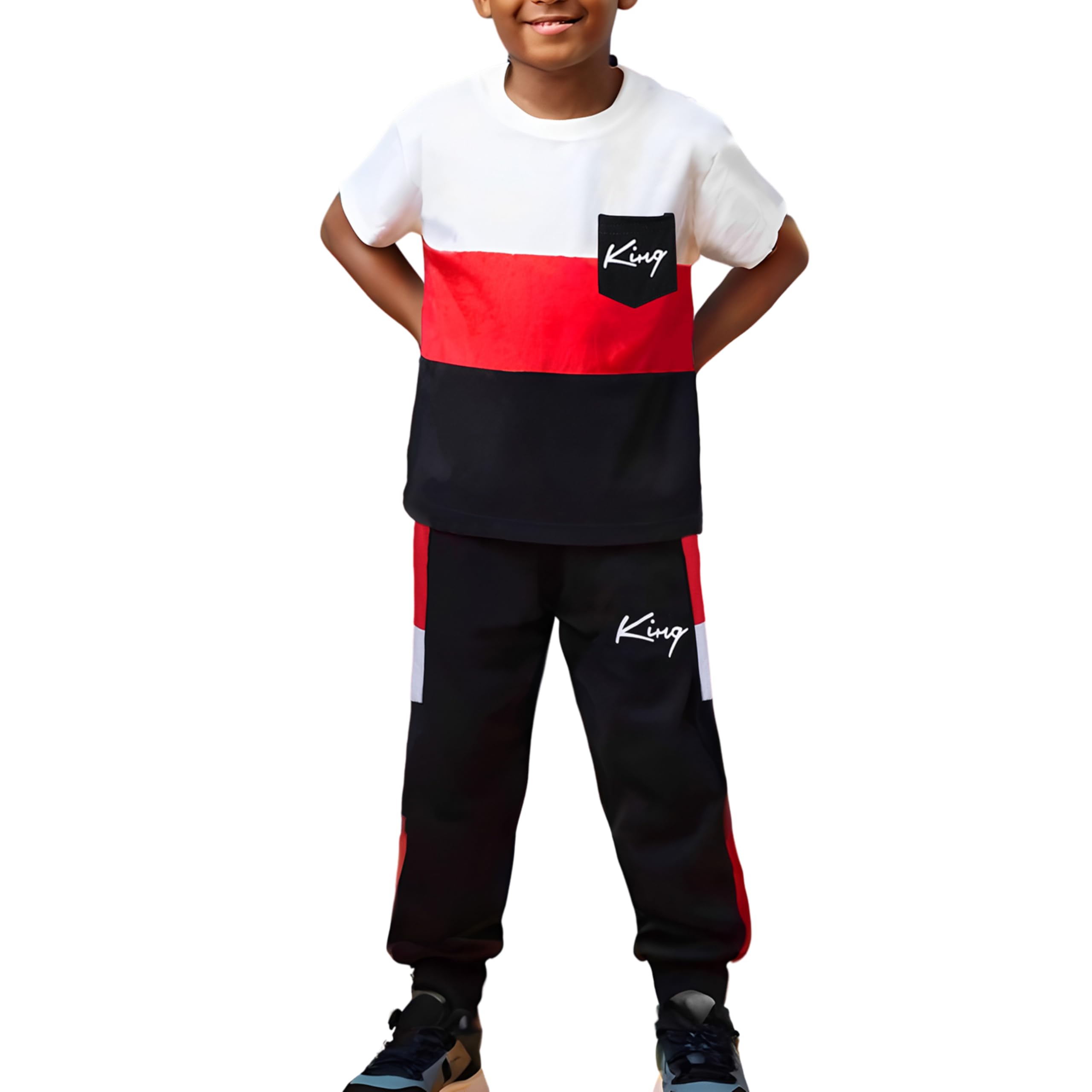 Klyatpxoen Size 6-12 Years Boys Fashion Clothes Spring Summer Short Sleeve Top & Pants Color Block Clothing Sets