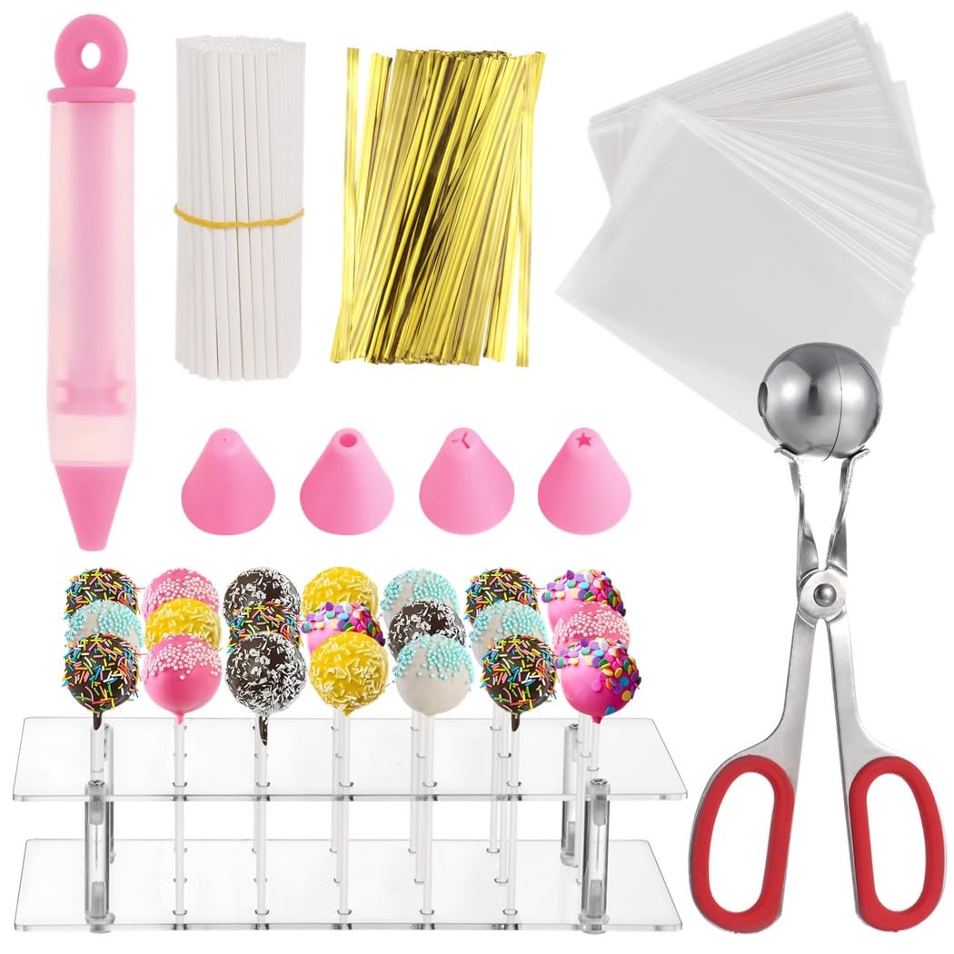 Cake Pop Maker Set, Lutscherbeutel-Set mit 100 Sticks, 100 Hüllen, 100 Drahtbindern, 1 Ständer, 1 Deko-Stift, 1 Kugelportionierer mit Griff für Cake Pops und Süßwaren