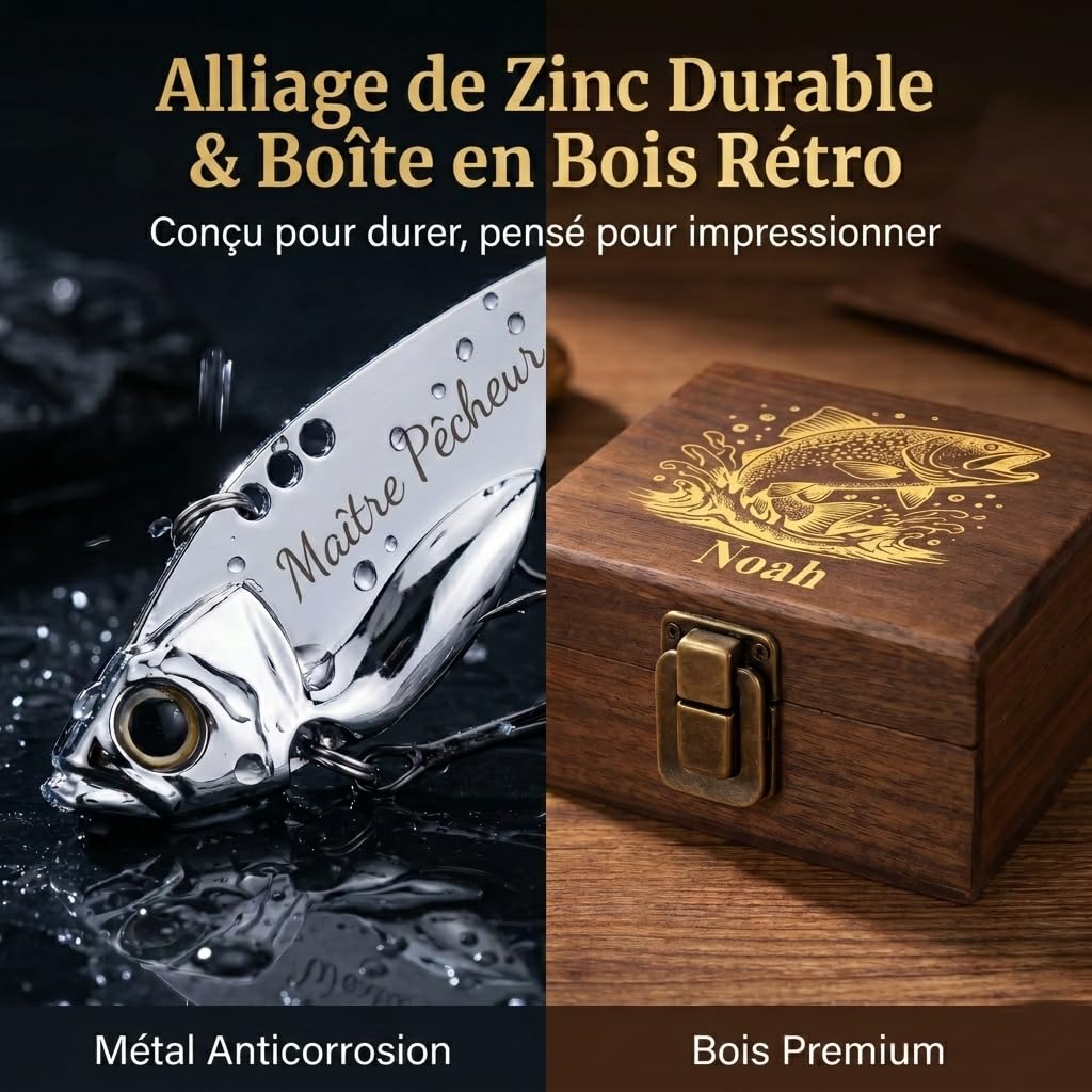 Cadeau Fete des Peres Leurre Peche Personnalisé avec Texte Gravé Cadeau de Pêcheur Hamecon Peche avec Boîte en Bois Accessoires de Pêche pour Homme Papa Cadeaux pour Anniversaire