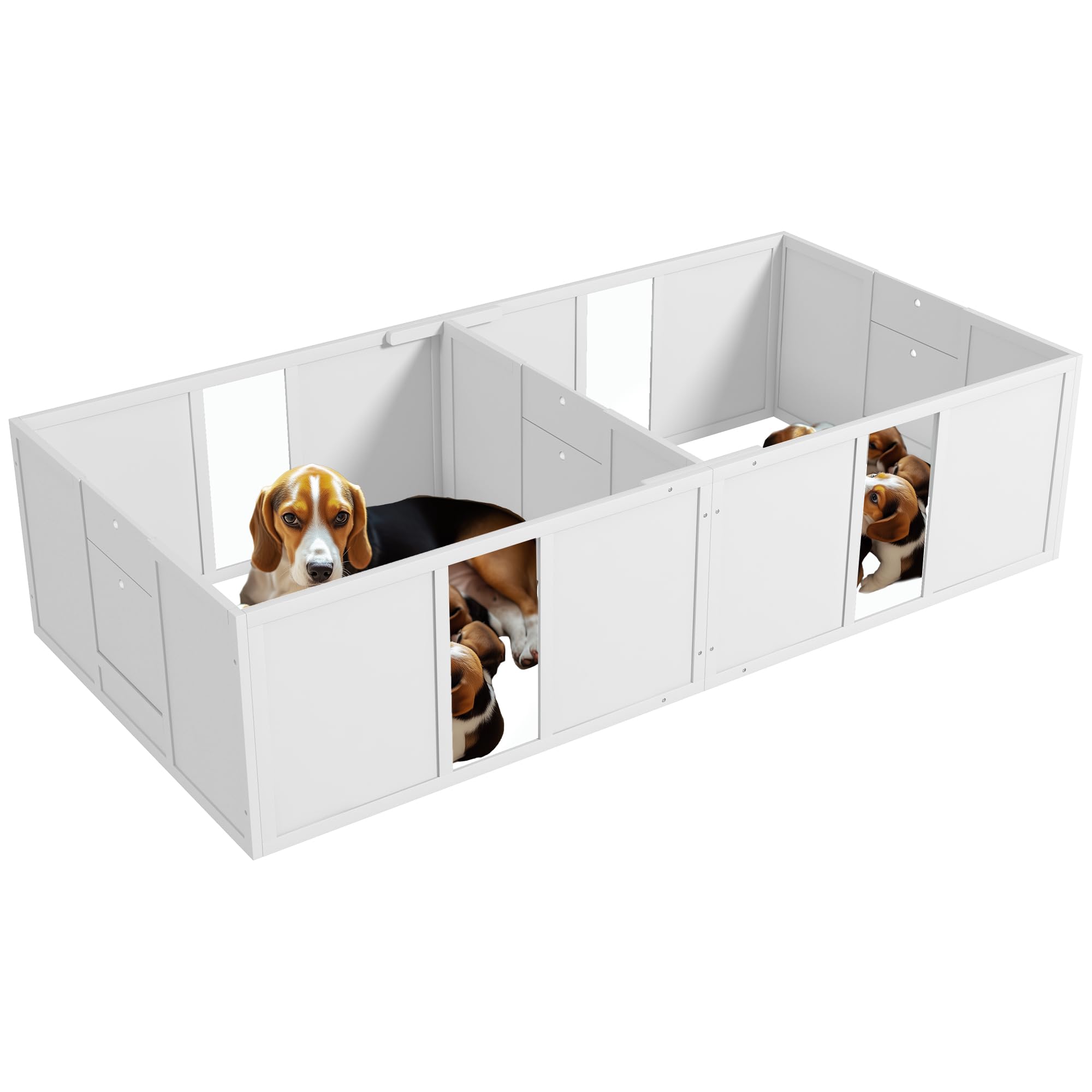 PawHut Wurfkiste für Welpen Hundelaufstall mit Tür 196 x 96 x 48 cm Weiß | Welpenauslauf mit Rutschfeste Bodenschoner, Hunde Wurfbox aus Holz, Welpenlaufstall für Mittelgroße Hunde