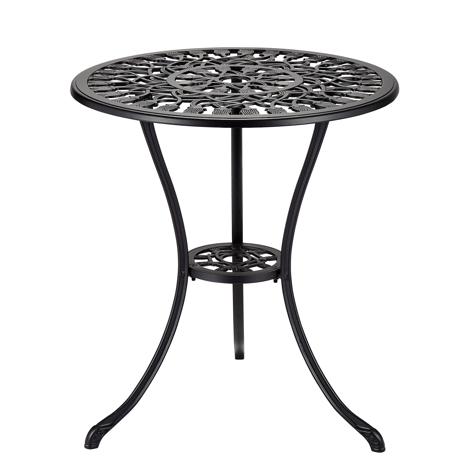 24" Outdoor Round Patio Bistro Table, Cast Aluminum Outdoor Cafe Table with 2 inch Umbrella Hole for Porch,Backyard,Garden, Tulip Pattern, Black
