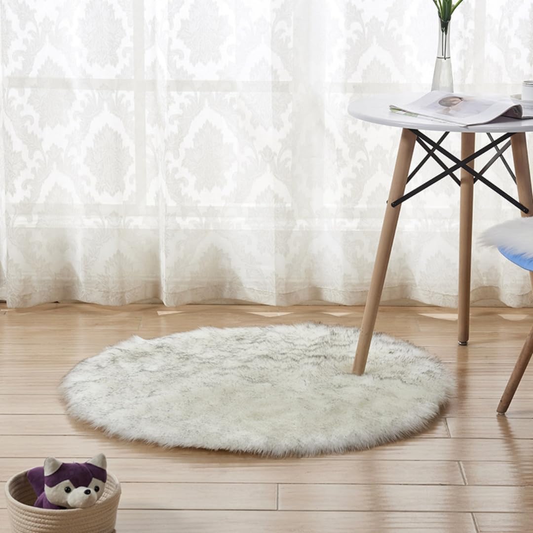 Tapis shaggy rond 90 cm en peluche épaisse blanc-gris pour décoration chic