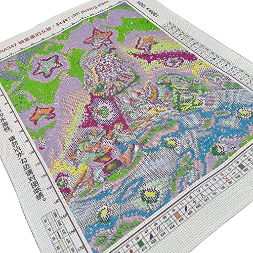 Image of Howie's Needlepoint Cross Stitch Kits, 14CT Pre-Printed Pattern Needlepoint Kits, Full Range of Stamped Starter Kits (Girl Picking Stars, 12.6 x 16.1 Inch)