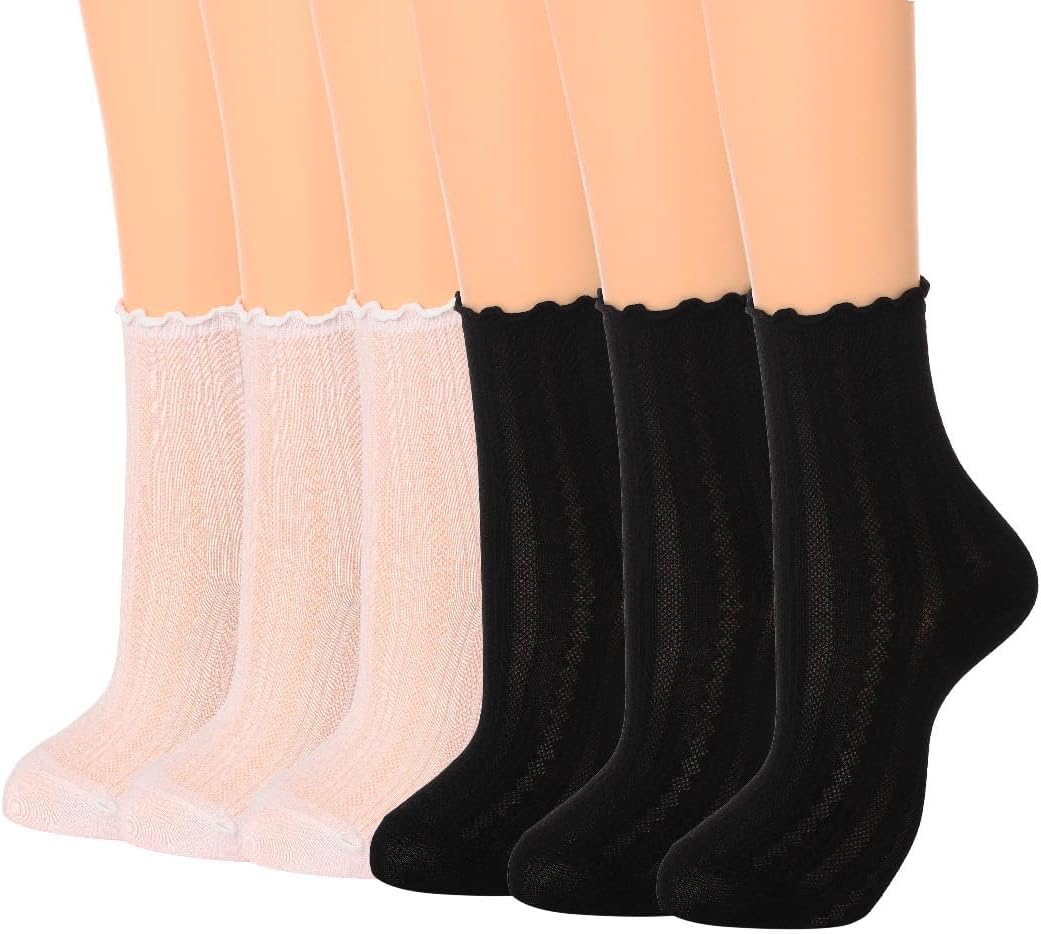 Campsis Women Ruffle Socks, Cotton Casual Frilly Socks, Breathable Ankle Sock(6 Pairs)