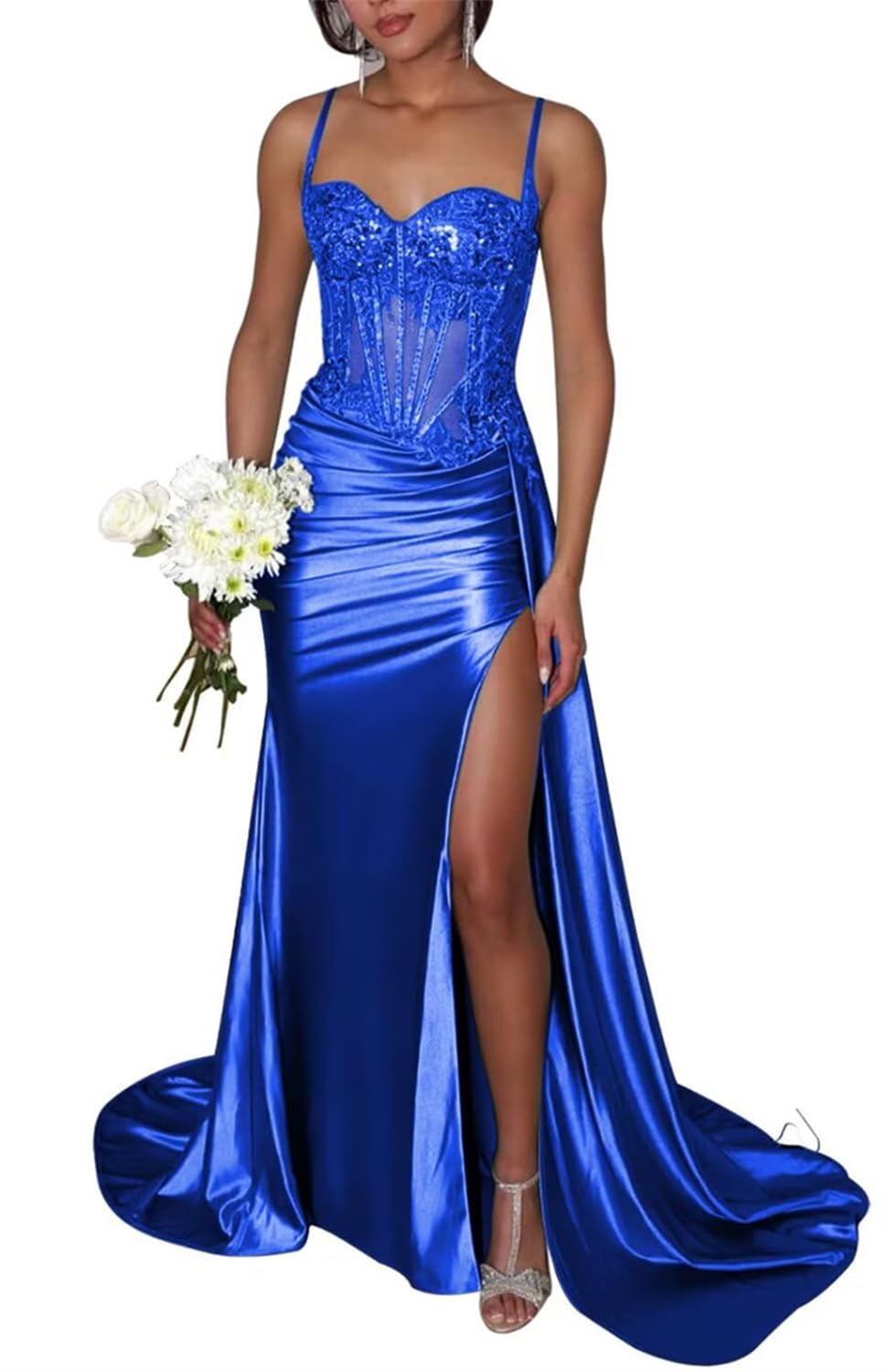 KIYNE Glitter Sequin Mermaid Prom Dresses for Teens with Slit Lace Applique Graduation Dress Royal Blue Satin Evening Gown UK18