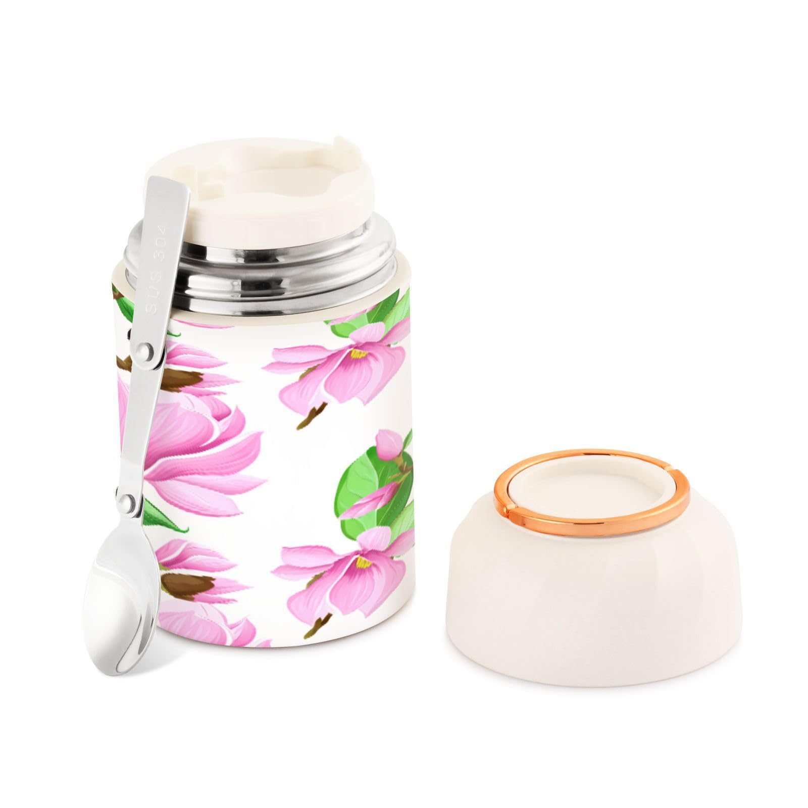 Tarro térmico de acero inoxidable Magnolia Flowers de alta resistencia con cuchara