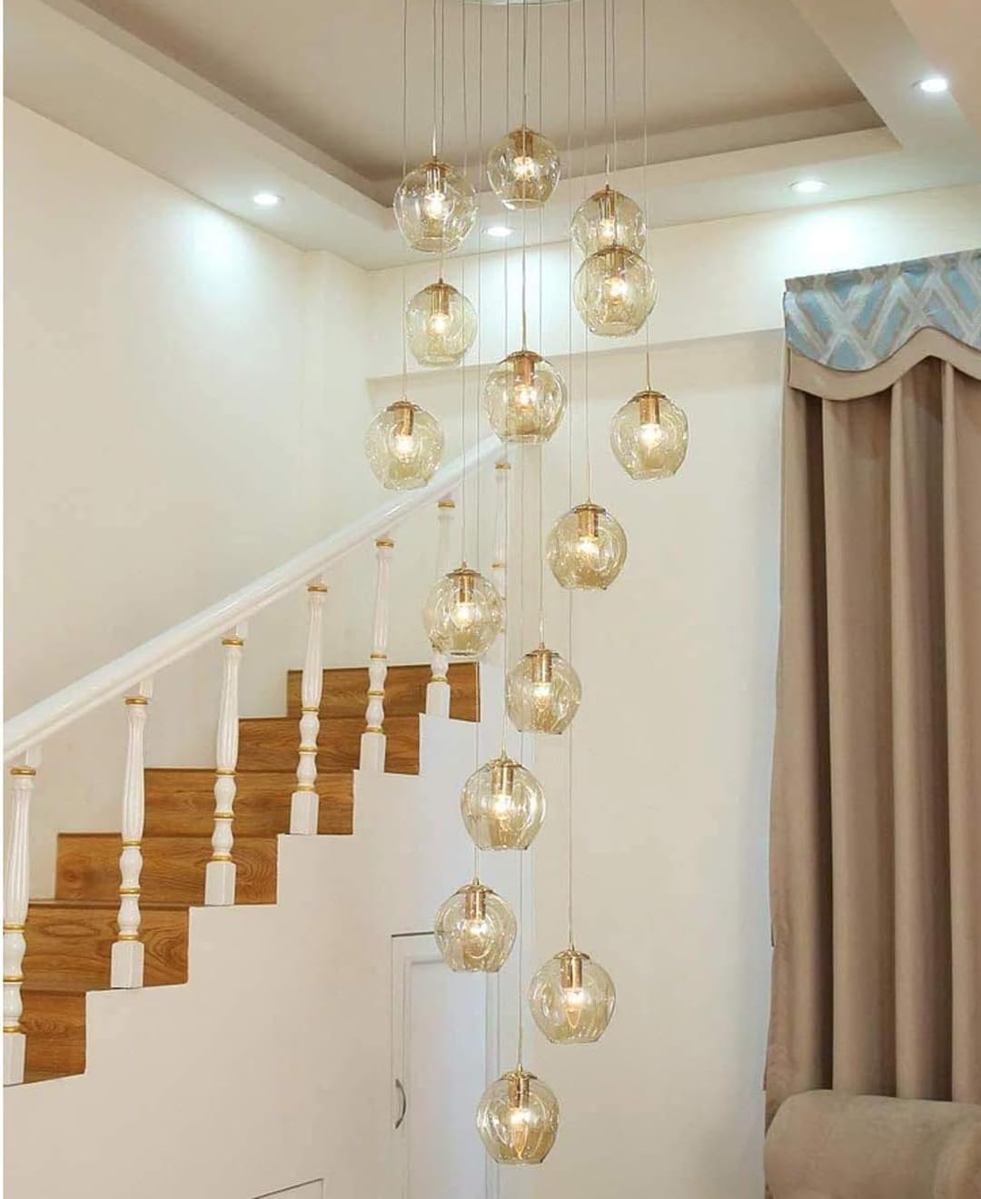 SYAXVOM Oversized Staircase Chandelier - Modern Long Pendant Light with Adjustable Length Creative Ceiling Fixture for Villa Stairwell 15 Yellow Balls Design