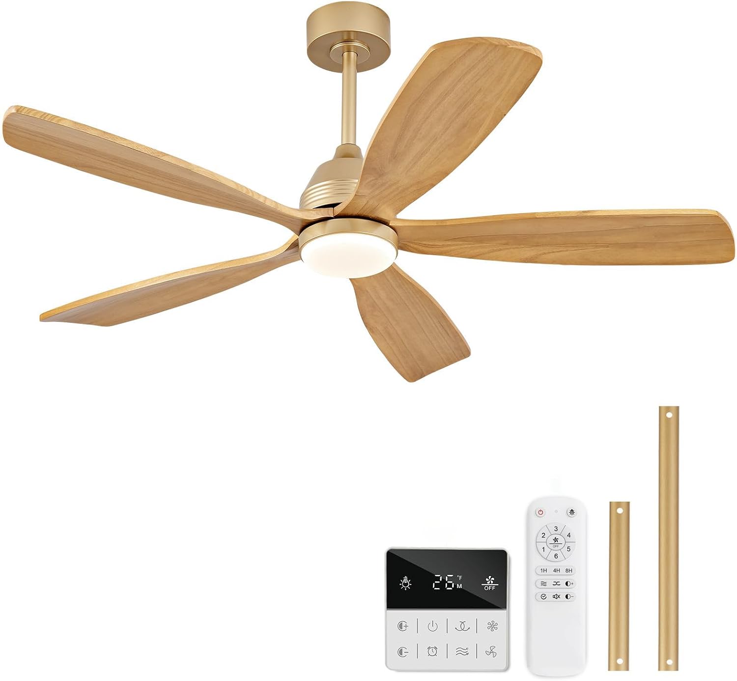 52 Inch Ceiling Fans with Lights and Remote, 5 Blades Wood Ceiling Fan with Light, Dimmable, Wall Switch, Reversible DC Motor, Modern Indoor Outdoor Ceiling Fans for Patios Bedroom (Gold)