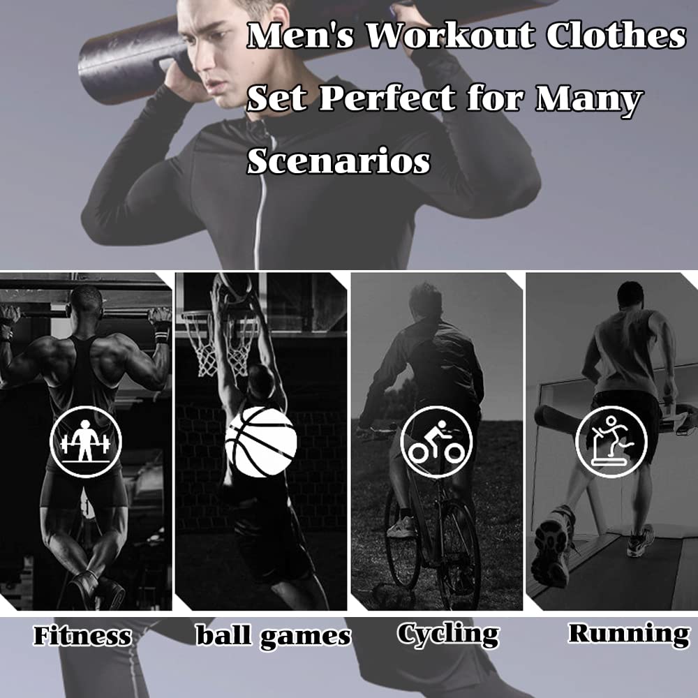 4 Pz Fitness Palestra Completi Sportivi Uomo Abbigliamento Giacca con Cappuccio T-shirt Manica Corta Manica Lunga Pantaloncini e Pantaloni Sportivi Elastico Quick Dry Traspirante Ultraleggero