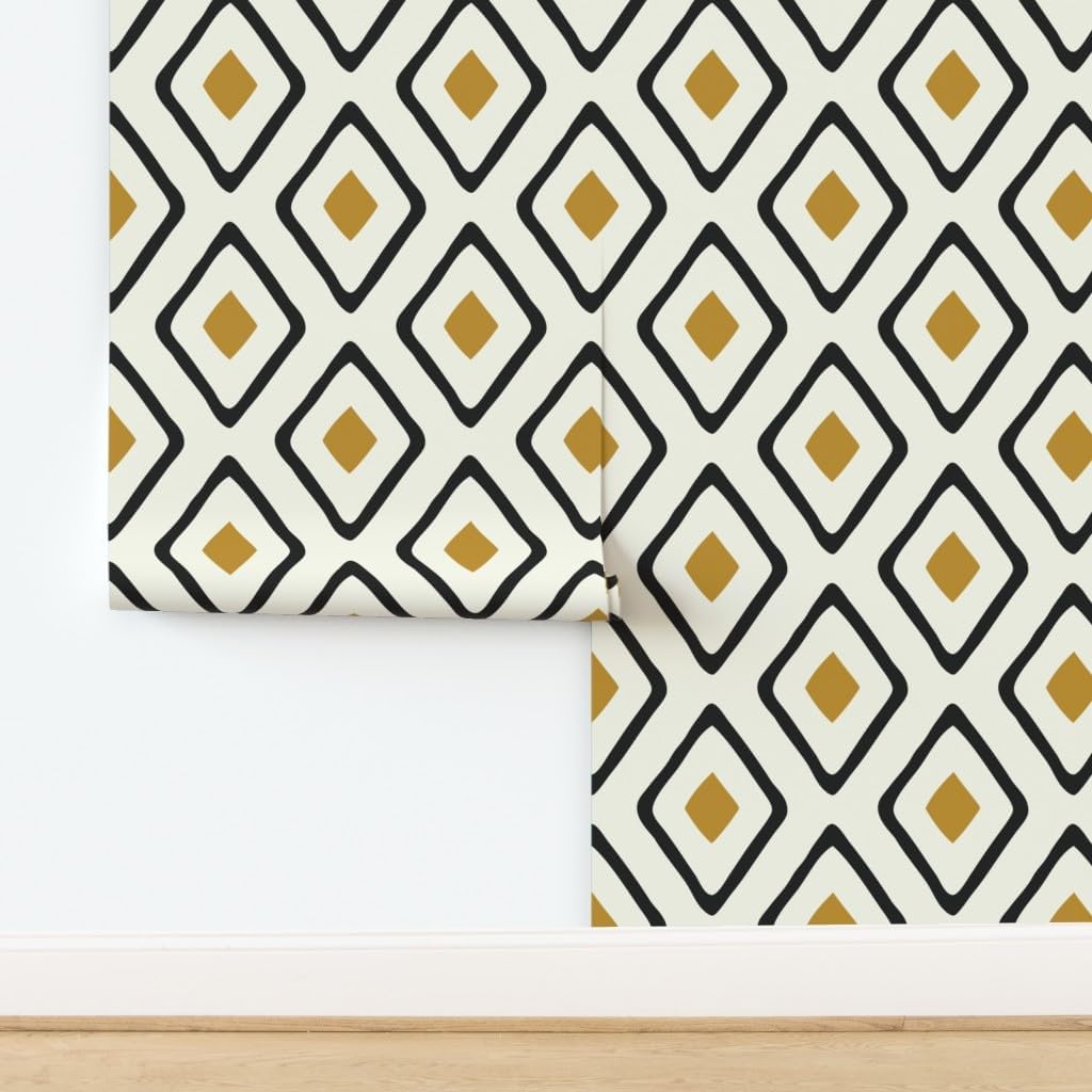 Peel & Stick Wallpaper 3ft x 2ft - Diamond Dark Black Ivory Yellow Geometric Large Custom Removable Wallpaper by Spoonflower