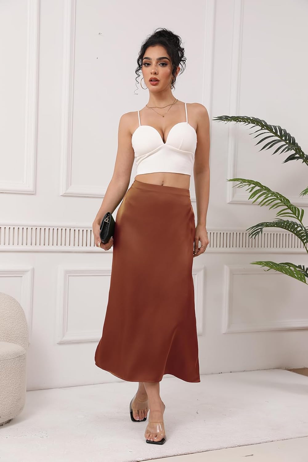 Women's Satin Midi Skirt Dressy Elastic High Waisted Silk Slip Flowy Ruffle Flared Cocktail Party Work A Line Skirts - Image 3