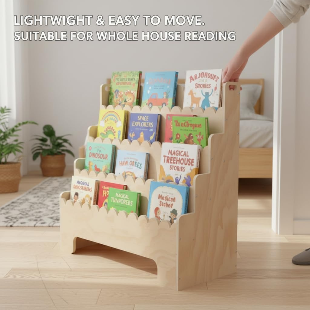 Kids Bookshelf 4-Tier, Natural Wood Children's Bookshelf, Scalloped Toddler Book Shelf, Baby Nursery Book Shelf, Display Front Facing Montessori Bookcase for Kids Room Playroom Nursery