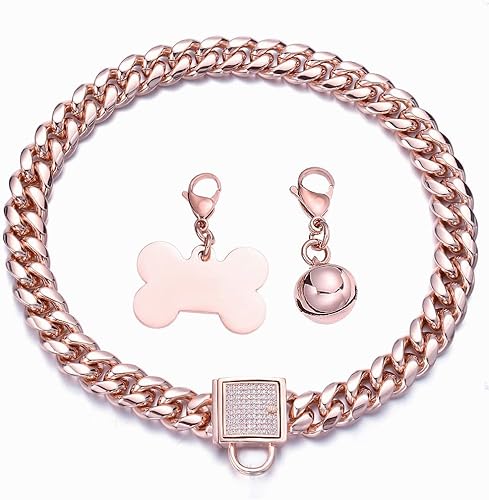 Collar de perro con cadena de oro rosa de 0.394 pulgadas0.555 pulgadas, collar de perro con eslabones cubanos a prueba de mordidas, collar de cadena