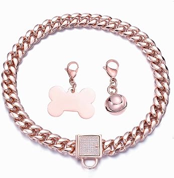 Rose Gold Chain Dog Collar 10MM/14MM Cuban Link Dog Collar Chew Proof Stainless Steel Chain Collar for Small Medium Large Dogs 10-26Inch14mm,16inch