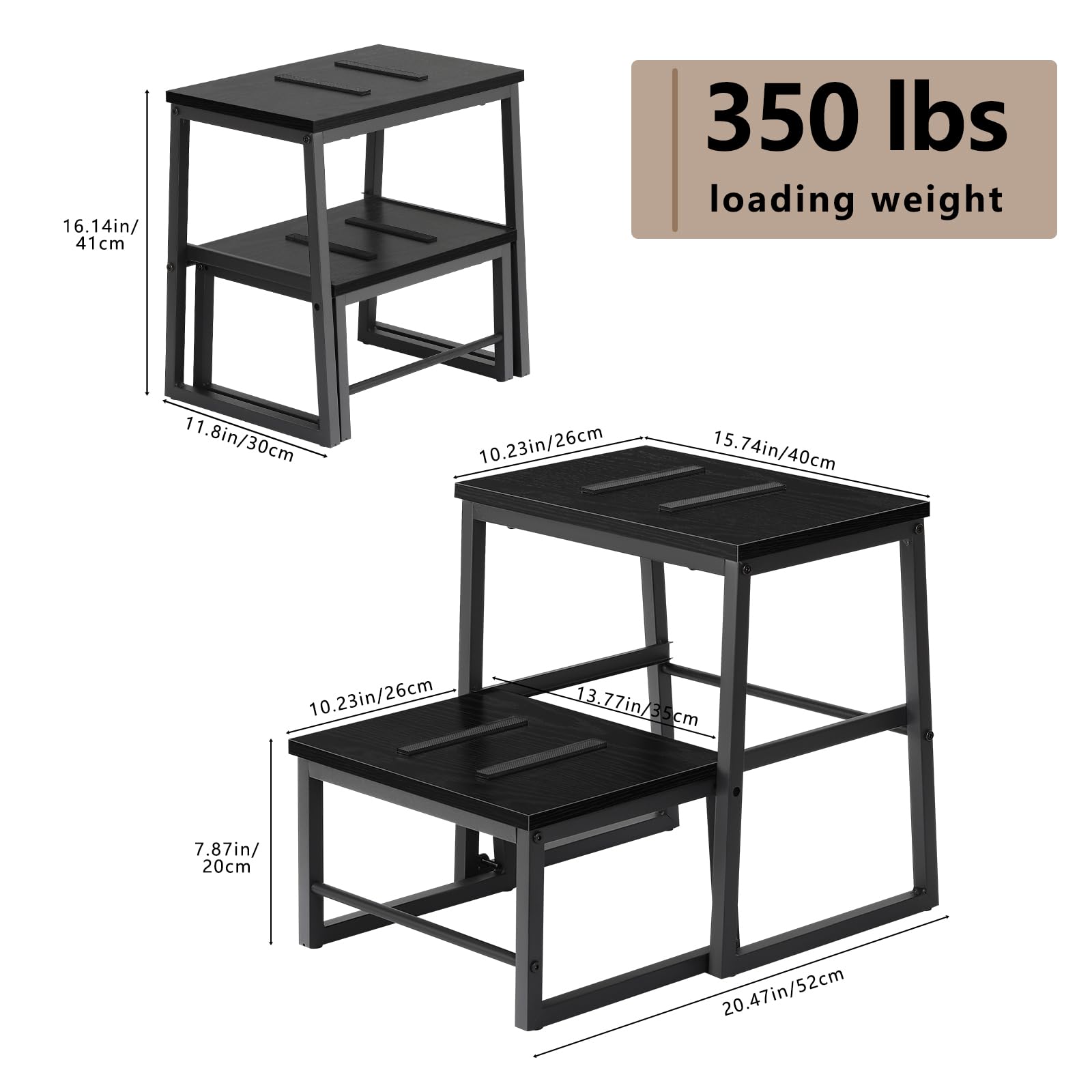 LIANTRAL 2 w 1 stołek dla dorosłych i dzieci, 2 poziomy, drewniany taboret o nośności 160 kg, metalowa rama, podnóżek do łóżka piętrowego, antypoślizgowy taboret do kuchni, biura, zamek błyskawiczny