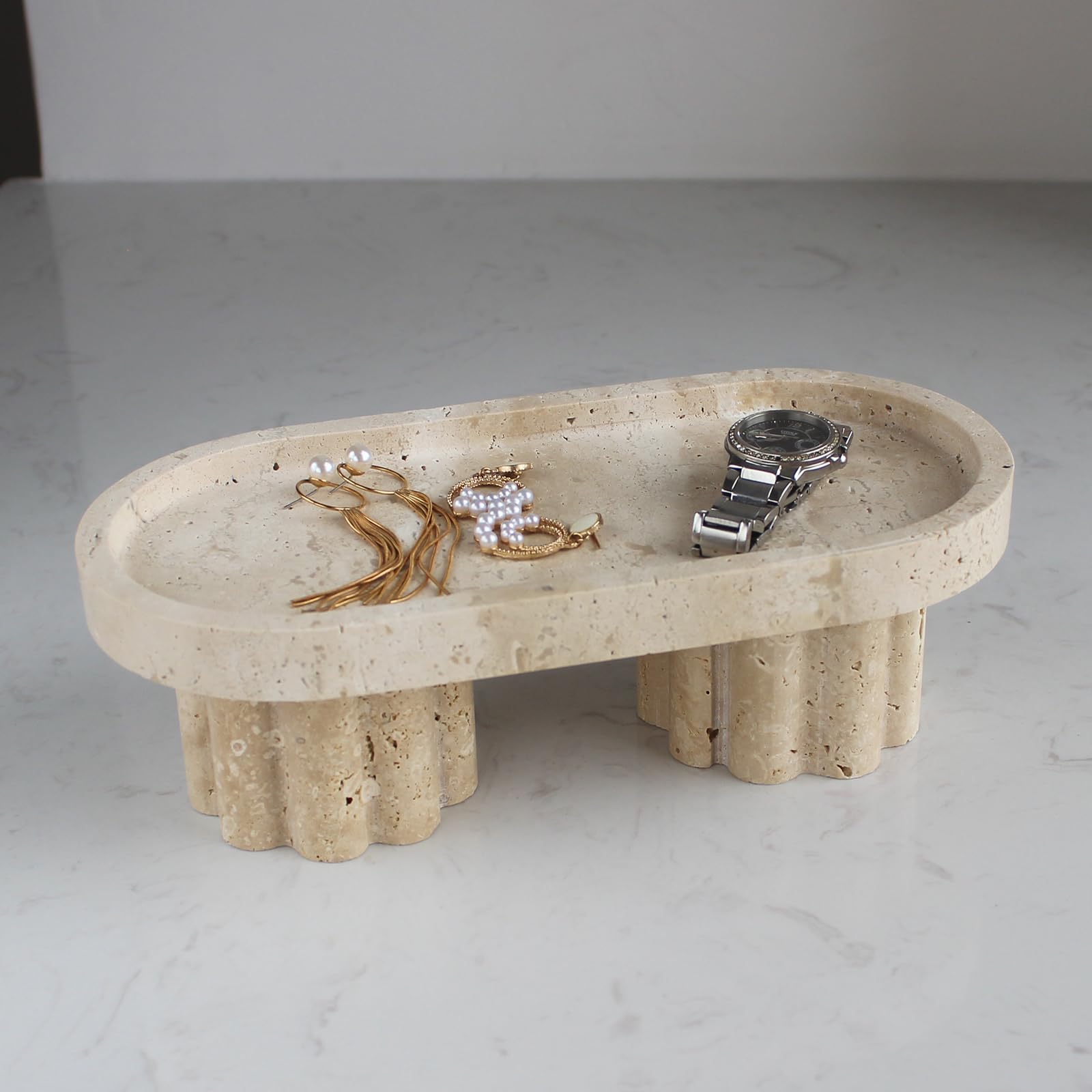 Bandeja Ovalada de travertino Natural con 2 Patas, Bandeja Decorativa de tocador de 10 Pulgadas para Organizador de encimera, Bandeja para Perfume, Velas, Plato de joyería