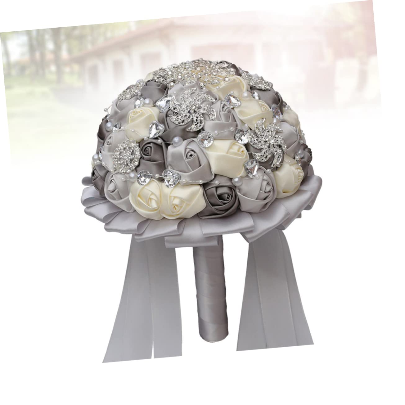 Cabilock Bouquet da Sposa Artificiale Nastro e Strass, Effetto Realistico, per Matrimonio e Decorazione Tavolo in Salotto, Argento