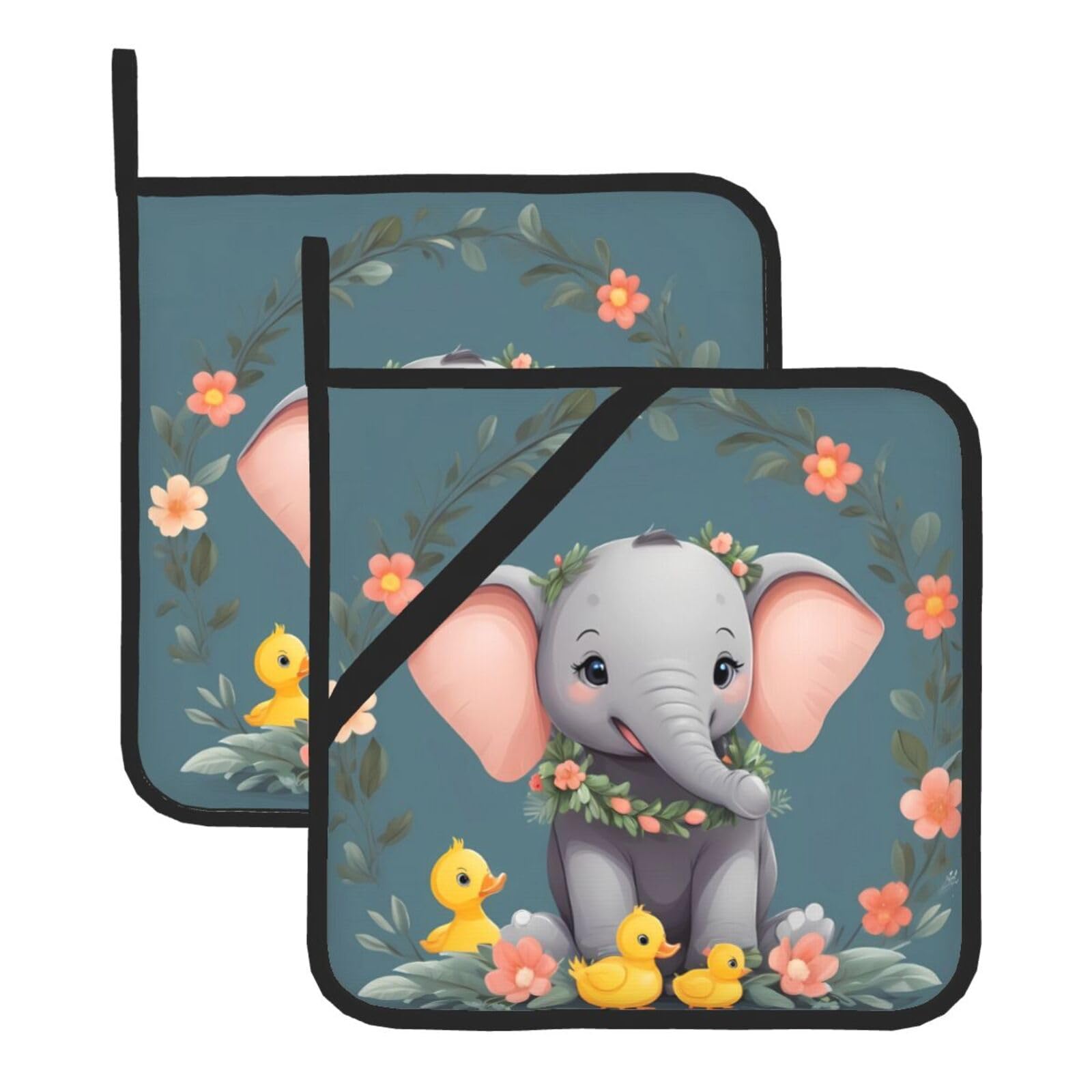 HJFCZH Elephant Duck Garland Printed Square Insulated Pot Mat Set (2-Piece) 8x8in Waterproof, Thickened & Easy to Clean with Lanyard Design for Kitchen, Oven & BBQ