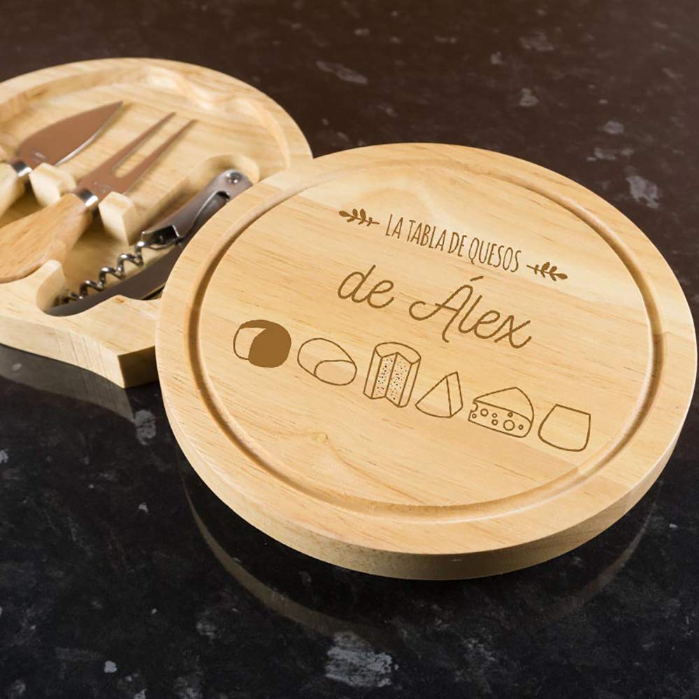 Calledelregalo Regalo Personalizado: Tabla de quesos grabada con el Nombre Que tú Quieras y Divertidos Motivos de quesos