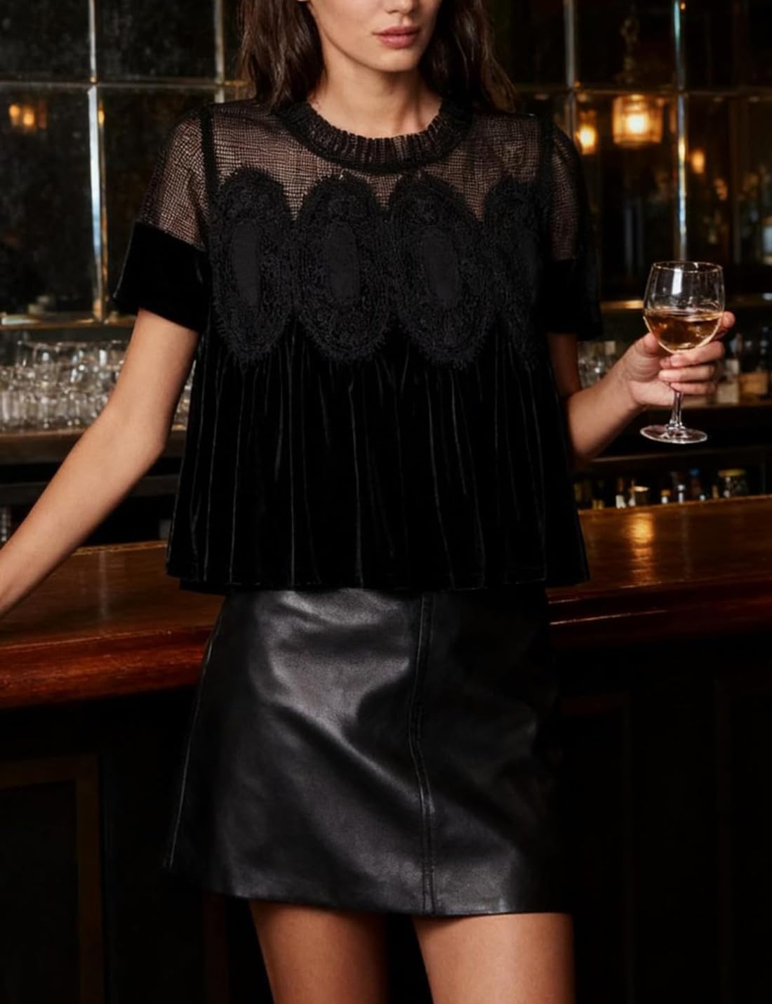 hathne Velvet Lace Blouse for Women Elegant Casual Crew Neck Short Sleeve Top Loose Fit Flared Swing Shirt