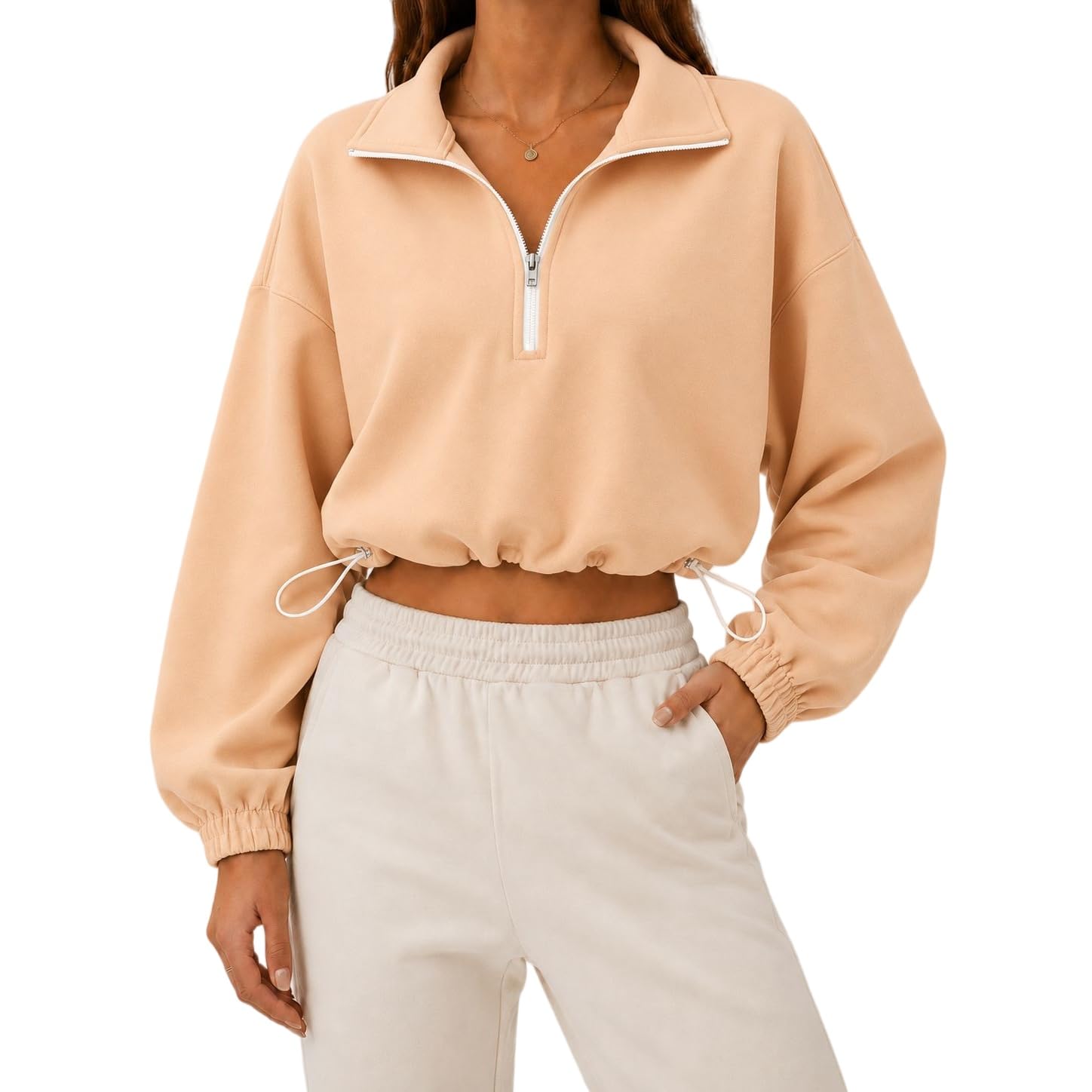 Sweat Femme Demi Zip Court Col Montant Pull avec Cordon Décontracté