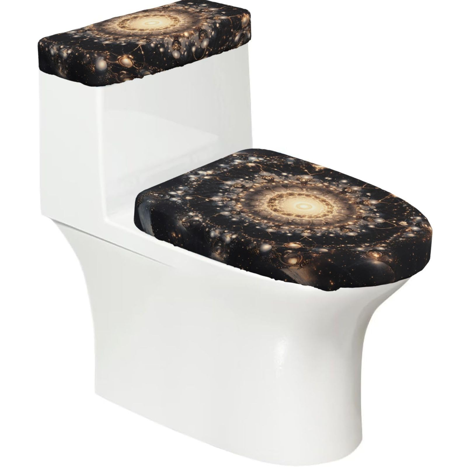 Quantum Mandala 2-Piece Toilet Seat Cover Set with Tank Lid, Elastic Fit for U-Shape & Elongated Toilets, Bathroom Decor, Housewarming Gift