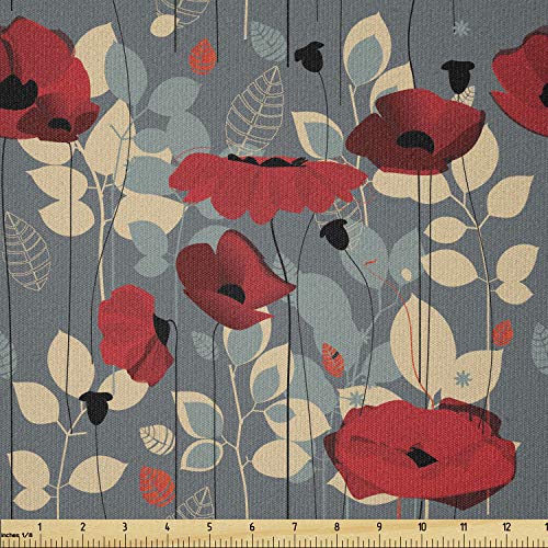 Image of Ambesonne Poppy Flower Fabric by The Yard, Abstraction of a Growing Floral Garden Leaves Botanical Modern Nature, Stretch Knit Fabric for Clothing Sewing and Arts Crafts, 1 Yard, Blue Orange Coral