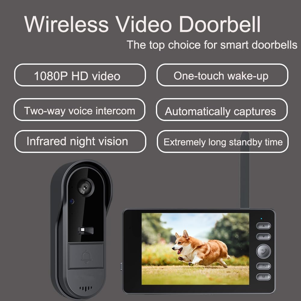 Sonnette Sans Fil Extérieure 1080P avec Caméra Écran IPS 4.3 Pouces Bluetooth Vision Nocturne Interphone Vidéo 120° Audio Bidirectionnel IP65