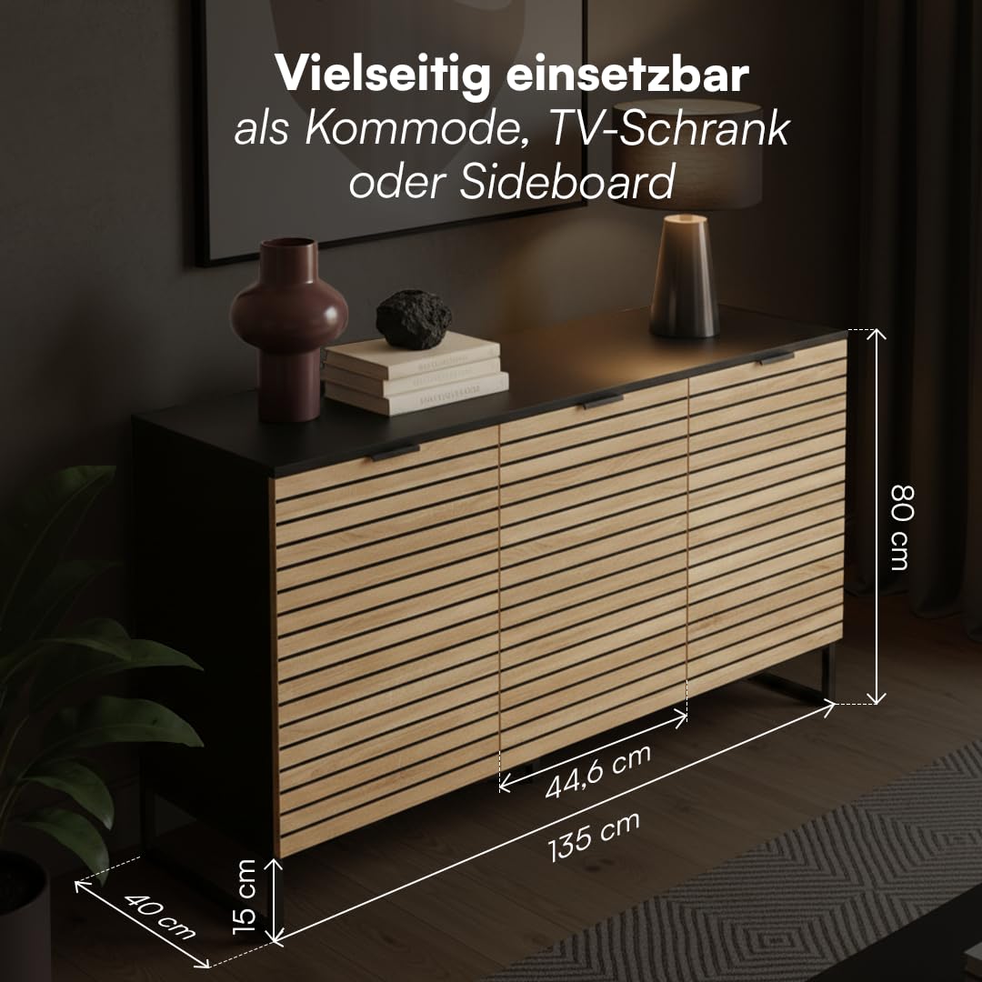 Bellamio Luvua Kommode mit 6 Fächern – Sideboard in schwarz mit Eichen-Front – Lowboard mit 3 Türen – Aufbewahrungskommode für Wohnzimmer, Schlafzimmer, Flur – Holz Schrank 80 x 40 x 135 cm (HxTxB)