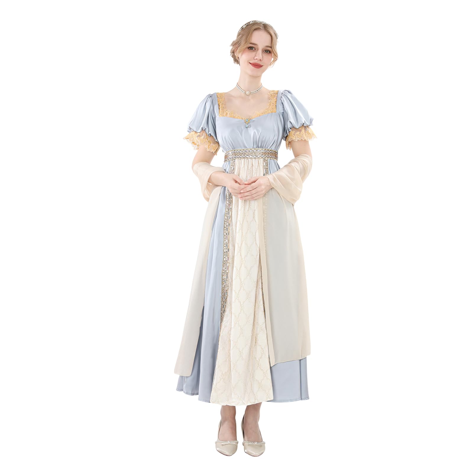 LTAKK Regency Dress Women Empire Waist Dress Vintage Victorian Dresses Medieval Evening Gown with Shawl